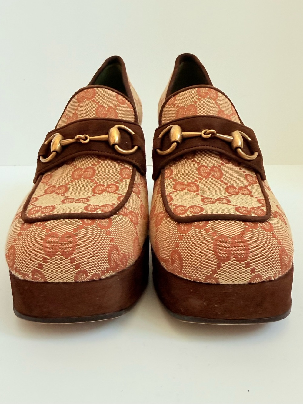 Gucci Horsebit GG Canvas Platform Pumps Monogram Brown Suede Block Heels EU 39 - Picture 3 of 11